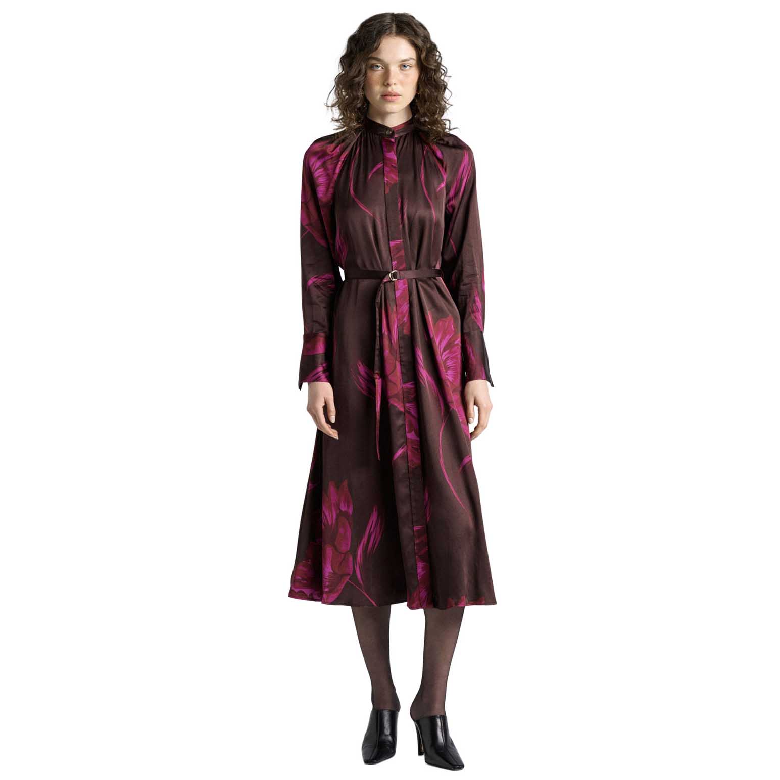 Cue Chocolate Oversized Floral Belted Midi Dress